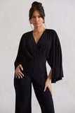Nori Black Plunge-Neck Straight-Leg Cape Jumpsuit