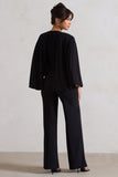 Nori Black Plunge-Neck Straight-Leg Cape Jumpsuit