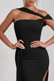To The Max Black Strappy Asymmetric Split Maxi Dress With Drape