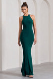 Brianna Bottle Green Sleeveless Halter-Neck Open-Back Maxi Dress