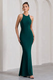 Brianna Bottle Green Sleeveless Halter-Neck Open-Back Maxi Dress