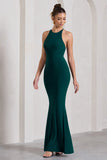 Brianna Bottle Green Sleeveless Halter-Neck Open-Back Maxi Dress