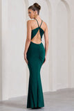 Brianna Bottle Green Sleeveless Halter-Neck Open-Back Maxi Dress