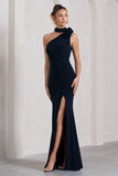 In Suspense Navy One Shoulder Halter-Neck Split Maxi Dress With Flower