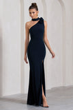 In Suspense Navy One Shoulder Halter-Neck Split Maxi Dress With Flower