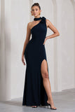 In Suspense Navy One Shoulder Halter-Neck Split Maxi Dress With Flower