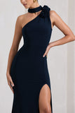 In Suspense Navy One Shoulder Halter-Neck Split Maxi Dress With Flower