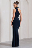 In Suspense Navy One Shoulder Halter-Neck Split Maxi Dress With Flower