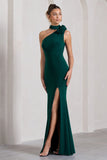 In Suspense Bottle Green One Shoulder Halter-Neck Split Maxi Dress With Flower