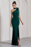 In Suspense Bottle Green One Shoulder Halter-Neck Split Maxi Dress With Flower