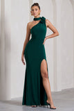 In Suspense Bottle Green One Shoulder Halter-Neck Split Maxi Dress With Flower