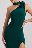 In Suspense Bottle Green One Shoulder Halter-Neck Split Maxi Dress With Flower