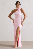 In Suspense Pink One Shoulder Halter-Neck Split Maxi Dress With Flower
