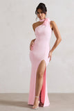 In Suspense Pink One Shoulder Halter-Neck Split Maxi Dress With Flower