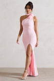 In Suspense Pink One Shoulder Halter-Neck Split Maxi Dress With Flower