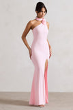 In Suspense Pink One Shoulder Halter-Neck Split Maxi Dress With Flower