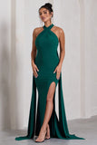 Intertwined Bottle Green Halter-Neck Open-Back Split Maxi Dress With Scarf Detail