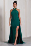 Intertwined Bottle Green Halter-Neck Open-Back Split Maxi Dress With Scarf Detail