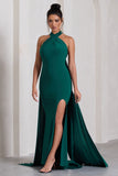 Intertwined Bottle Green Halter-Neck Open-Back Split Maxi Dress With Scarf Detail