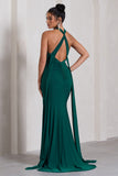 Intertwined Bottle Green Halter-Neck Open-Back Split Maxi Dress With Scarf Detail