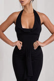 Kaia Black Ruched Cowl-Neck Maxi Dress With Drape
