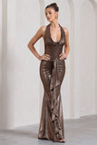 Kaia Bronze Metallic Ruched Cowl-Neck Maxi Dress With Drape