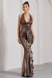 Kaia Bronze Metallic Ruched Cowl-Neck Maxi Dress With Drape