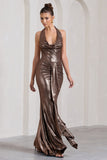 Kaia Bronze Metallic Ruched Cowl-Neck Maxi Dress With Drape