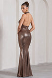 Kaia Bronze Metallic Ruched Cowl-Neck Maxi Dress With Drape