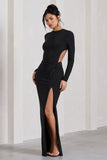 Miley Black Long-Sleeved Open-Back Wrap Maxi Dress