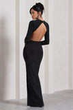 Miley Black Long-Sleeved Open-Back Wrap Maxi Dress