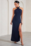 Star Quality Navy Halter-Neck Open-Back Split Maxi Dress