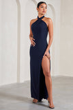 Star Quality Navy Halter-Neck Open-Back Split Maxi Dress