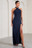 Star Quality Navy Halter-Neck Open-Back Split Maxi Dress