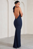Star Quality Navy Halter-Neck Open-Back Split Maxi Dress