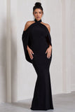 Revelation Black Crossed Halter-Neck Fishtail Maxi Dress With Cape
