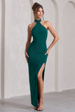 Pamela Bottle Green Halter-Neck Sleeveless Split Maxi Dress