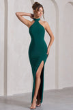 Pamela Bottle Green Halter-Neck Sleeveless Split Maxi Dress
