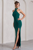 Pamela Bottle Green Halter-Neck Sleeveless Split Maxi Dress