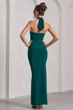 Pamela Bottle Green Halter-Neck Sleeveless Split Maxi Dress