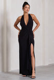 Tabloid Talk Black Plunge Halter-Neck Maxi Dress With Twisted Drape