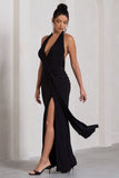 Tabloid Talk Black Plunge Halter-Neck Maxi Dress With Twisted Drape