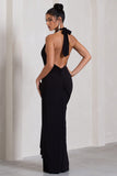 Tabloid Talk Black Plunge Halter-Neck Maxi Dress With Twisted Drape