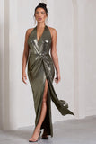 Tabloid Talk Gold Metallic Plunge Halter-Neck Maxi Dress With Twisted Drape