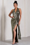 Tabloid Talk Gold Metallic Plunge Halter-Neck Maxi Dress With Twisted Drape
