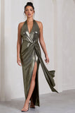 Tabloid Talk Gold Metallic Plunge Halter-Neck Maxi Dress With Twisted Drape