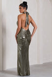 Tabloid Talk Gold Metallic Plunge Halter-Neck Maxi Dress With Twisted Drape