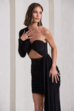 Cecelia Black Ruched One-Sleeve Twist Mini Dress With Drape
