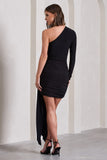 Cecelia Black Ruched One-Sleeve Twist Mini Dress With Drape