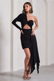 Cecelia Black Ruched One-Sleeve Twist Mini Dress With Drape